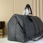 Louis Vuitton Keepall Bandoulière Travel Bag in Monogram Eclipse with Leather Handles and Padlock