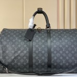 Louis Vuitton Keepall Bandoulière Travel Bag in Monogram Eclipse with Leather Handles and Padlock