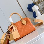 Louis Vuitton-inspired Speedy P9 Bandoulière 20 replica handbag in black silver and orange glossy leather style