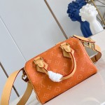Louis Vuitton-inspired Speedy P9 Bandoulière 20 replica handbag in black silver and orange glossy leather style