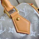 Louis Vuitton-inspired Speedy P9 Bandoulière 20 replica handbag in black silver and orange glossy leather style