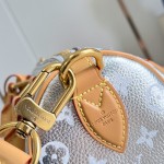 Louis Vuitton-inspired Speedy P9 Bandoulière 20 replica handbag in black silver and orange glossy leather style