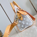 Louis Vuitton-inspired Speedy P9 Bandoulière 20 replica handbag in black silver and orange glossy leather style