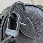 Louis Vuitton-inspired Speedy P9 Bandoulière 20 replica handbag in black silver and orange glossy leather style