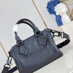 Louis Vuitton-inspired Speedy P9 Bandoulière 20 replica handbag in black silver and orange glossy leather style