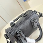 Louis Vuitton-inspired Speedy P9 Bandoulière 20 replica handbag in black silver and orange glossy leather style