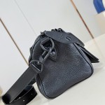 Louis Vuitton-inspired Speedy P9 Bandoulière 20 replica handbag in black silver and orange glossy leather style