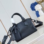 Louis Vuitton-inspired Speedy P9 Bandoulière 20 replica handbag in black silver and orange glossy leather style