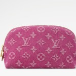 Louis Vuitton-inspired Pochette Cosmétique small replica cosmetic pouch in rose pink and blue Monogram denim style