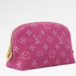 Louis Vuitton-inspired Pochette Cosmétique small replica cosmetic pouch in rose pink and blue Monogram denim style