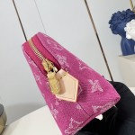 Louis Vuitton-inspired Pochette Cosmétique small replica cosmetic pouch in rose pink and blue Monogram denim style
