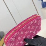 Louis Vuitton-inspired Pochette Cosmétique small replica cosmetic pouch in rose pink and blue Monogram denim style