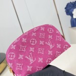 Louis Vuitton-inspired Pochette Cosmétique small replica cosmetic pouch in rose pink and blue Monogram denim style