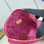 Louis Vuitton-inspired Pochette Cosmétique small replica cosmetic pouch in rose pink and blue Monogram denim style