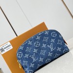 Louis Vuitton-inspired Pochette Cosmétique small replica cosmetic pouch in rose pink and blue Monogram denim style