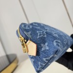 Louis Vuitton-inspired Pochette Cosmétique small replica cosmetic pouch in rose pink and blue Monogram denim style