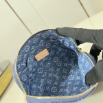 Louis Vuitton-inspired Pochette Cosmétique small replica cosmetic pouch in rose pink and blue Monogram denim style
