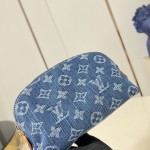 Louis Vuitton-inspired Pochette Cosmétique small replica cosmetic pouch in rose pink and blue Monogram denim style