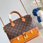 Louis Vuitton-inspired Out Of The Trunk Speedy 30 replica handbag with Monogram-style upper and metal trunk-style corners
