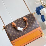 Louis Vuitton-inspired Out Of The Trunk Speedy 30 replica handbag with Monogram-style upper and metal trunk-style corners
