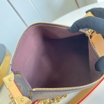  Louis Vuitton-inspired Side Trunk East West replica handbag in Monogram-style canvas with chain and trunk-style corners