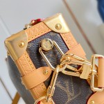  Louis Vuitton-inspired Side Trunk East West replica handbag in Monogram-style canvas with chain and trunk-style corners