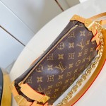  Louis Vuitton-inspired Side Trunk East West replica handbag in Monogram-style canvas with chain and trunk-style corners