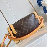  Louis Vuitton-inspired Side Trunk East West replica handbag in Monogram-style canvas with chain and trunk-style corners