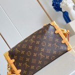  Louis Vuitton-inspired Side Trunk East West replica handbag in Monogram-style canvas with chain and trunk-style corners