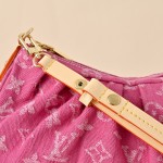 Louis Vuitton Pochette Valley Monogram Denim rose red handbag M28327 with leather trim and removable handle