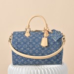 Louis Vuitton Speedy Bandoulière 30 Monogram Denim Blue Handbag M14430 with leather handles and detachable shoulder strap