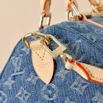 Louis Vuitton Speedy Bandoulière 30 Monogram Denim Blue Handbag M14430 with leather handles and detachable shoulder strap