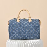 Louis Vuitton Speedy Bandoulière 30 Monogram Denim Blue Handbag M14430 with leather handles and detachable shoulder strap