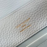 Louis Vuitton Capucines East-West Why Knot Taurillon leather handbag in mini and small sizes with Monogram beaded chain and shiny metal hardware
