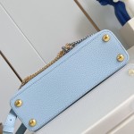 Louis Vuitton Capucines East-West Why Knot Taurillon leather handbag in mini and small sizes with Monogram beaded chain and shiny metal hardware