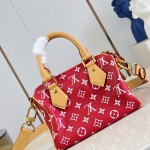 Louis Vuitton Speedy P9 Bandoulière 20 glossy cowhide leather handbag M28186 in yellow and bright red with rolled handles and adjustable shoulder strap