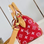 Louis Vuitton Speedy P9 Bandoulière 20 glossy cowhide leather handbag M28186 in yellow and bright red with rolled handles and adjustable shoulder strap