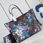 Louis Vuitton Neverfull MM M28918 Monogram Eden floral canvas tote bag with cowhide leather trim and adjustable side laces
