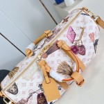  Louis Vuitton Keepall Bandoulière 45 M28780 Monogram Dune travel bag with vintage hotel key print, leather handles, and detachable shoulder strap