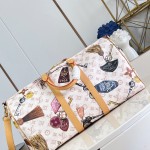  Louis Vuitton Keepall Bandoulière 45 M28780 Monogram Dune travel bag with vintage hotel key print, leather handles, and detachable shoulder strap