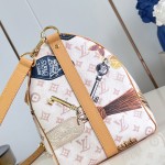  Louis Vuitton Keepall Bandoulière 45 M28780 Monogram Dune travel bag with vintage hotel key print, leather handles, and detachable shoulder strap