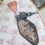  Louis Vuitton Keepall Bandoulière 45 M28780 Monogram Dune travel bag with vintage hotel key print, leather handles, and detachable shoulder strap