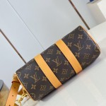 Louis Vuitton Keepall Bandoulière 25 M28957 Monogram Archive coated canvas bag with cowhide leather trim, aged metal hardware, top handle, and adjustable strap