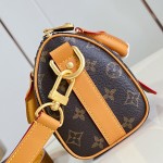 Louis Vuitton Keepall Bandoulière 25 M28957 Monogram Archive coated canvas bag with cowhide leather trim, aged metal hardware, top handle, and adjustable strap