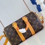 Louis Vuitton Keepall Bandoulière 25 M28957 Monogram Archive coated canvas bag with cowhide leather trim, aged metal hardware, top handle, and adjustable strap