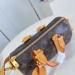 Louis Vuitton Keepall Bandoulière 25 M28957 Monogram Archive coated canvas bag with cowhide leather trim, aged metal hardware, top handle, and adjustable strap