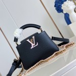 Louis Vuitton Capucines Mini M29439 Black Taurillon Leather Handbag with Hand-Braided Chain and Enamel Monogram Flower Charms