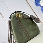 Louis Vuitton Flight Mode Express Medium suede leather replica handbag with Monogram canvas trim, key bell, and padlock