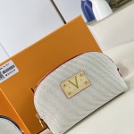 Louis Vuitton Pochette Cosmétique PM M28652 Blue and M29529 Red Cotton Cosmetic Pouch with V-Shaped Leather Patch and Gold Studs