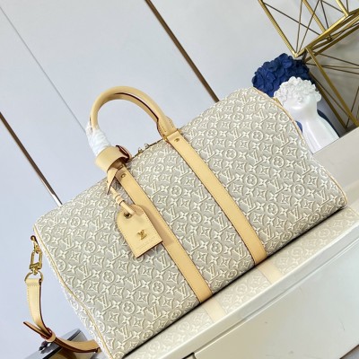 Louis Vuitton - Keepall Bandoulière 45 M29670 Monogram Emblème Linen-Cotton Canvas Travel Bag